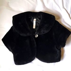 EUC Faux Fur Gem Button Closure Satin Lined Short Sleeve Cozy Shrug Jacket
